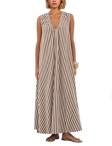 Image of Livtany Women's Scoop Neck Ruched Maxi Dress Flowy Swing Wide Straps Long Dress Casual Sleeveless Sundress with Side Pockets