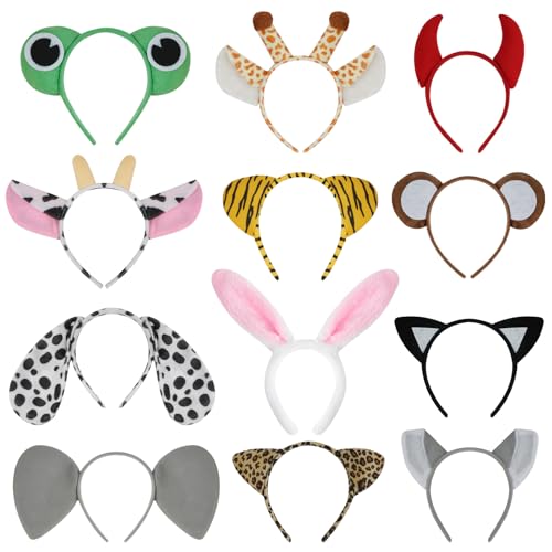 AYBUY Diadema orelhas de animais, 12 peças diadema de animais, animais cosplay para crianças e adultos, diadema engraçada coelho elefante macaco para carnaval disfarce festa temática Halloween