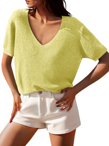 Image of Saodimallsu Womens Short Sleeve Sweater Summer V Neck Casual Tops Lightweight Loose Knit Pullover Shirts