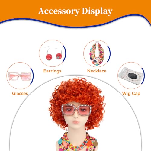 Women Roper Curly Orange Red Cosplay Wig with Necklace Earrings and Sunglasses for Women Hallween Costume Wig3