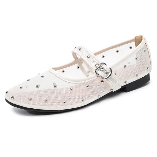 Image of Mesh Ballet Flats Shoes for Women Comfortable Studded Mary Jane Shoes Ballerina Buckle Strap Business Office Work Dress Shoes