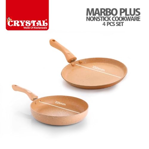 Image of Crystal Marbo Plus Induction Bottom 2 Pc Nonstick cookware Set | Tawa 250 mm + Fry Pan 225 mm | Thickness: 3mm | 5 Layer Coating | Metal Spoon Friendly | Colour - Sandalwood