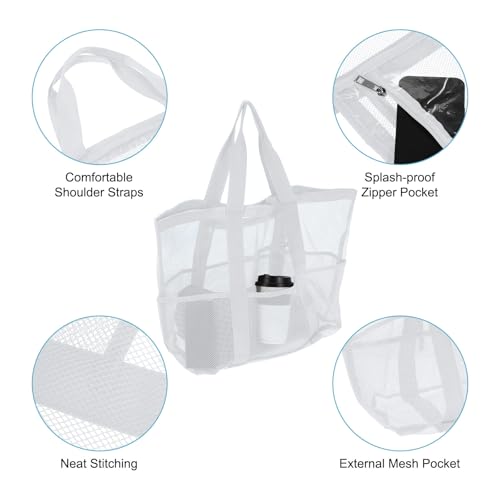 uxcell Mesh Beach Tote Bag, 1Pcs 25" x 15" x 8" Upgraded Beach Towel Bags, Waterproof Pool Bag for Beach Vacation and Travel Daily (White)3