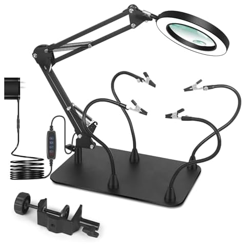 Magnifying Glass with Light and Stand, EOOKU Flexible Magnetic Helping Hand, 5X&10X 12V 108pcs LED Beads Magnifying Lamp, 3 Modes Adjustable Swivel Gooseneck Arms & Heavy Duty Base Plate Cover