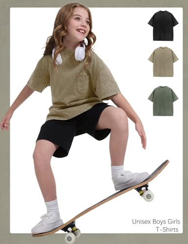Image of COZYPOIN Unisex Kids Vintage Acid Wash Cotton Tees Crew Neck 3-16Y | 100% Cotton Boys Oversized T Shirt, Crew Neck, Short Sleeve, Front Pocket, Vintage Acid Washed Kids Tees for Boys Girls