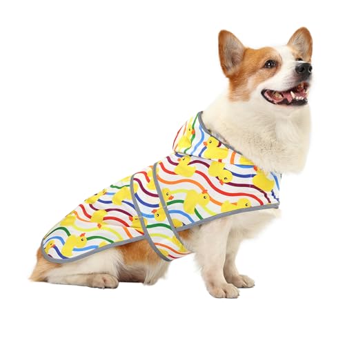 HAPPIERE Dog Raincoat for Large Dogs, Waterproof Rain Jacket Coat with Hood and Leash Hole, Polyester, Rainbow Ducks