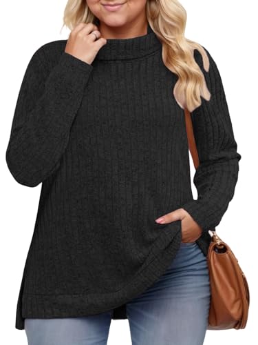 VISLILY Womens-Plus-Size-Tops Trendy Turtleneck Lightweight Sweaters Casual Long Sleeve Shirts Dressy Side Split Tunics 1X-5X