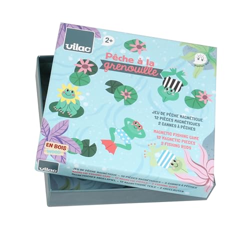 VILAC - La pêche à la Grenouille - Michelle Carlslund - Jeux de Société - 2 Cannes à pêche magnétique en Bois + 12 Grenouilles en Bois - Jeux en Bois -...