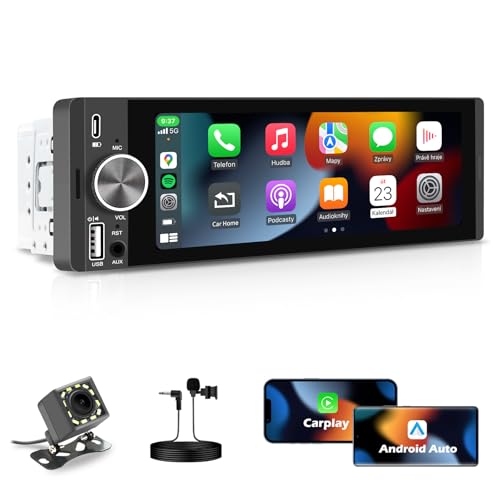 Autoradio mit Bildschirm, Single-DIN, Kabelloses CarPlay und Android Auto, 6,28-Zoll-Touchscreen mit Bluetooth, WLAN, MirrorLink, FM-Radio, Lenkradsteuerung, Equalizer, USB-C-Anschluss, Rückfahrkamera