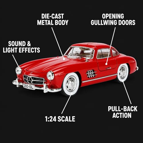 Image of Mercedes Benz 300 SL 1:24 Scale Die Cast Metal Car - Pull Back Classic Gullwing Coupe with Openable Doors & Hood, Lights & Sound, Collectible Showpiece for Kids 6+ & Car Enthusiasts