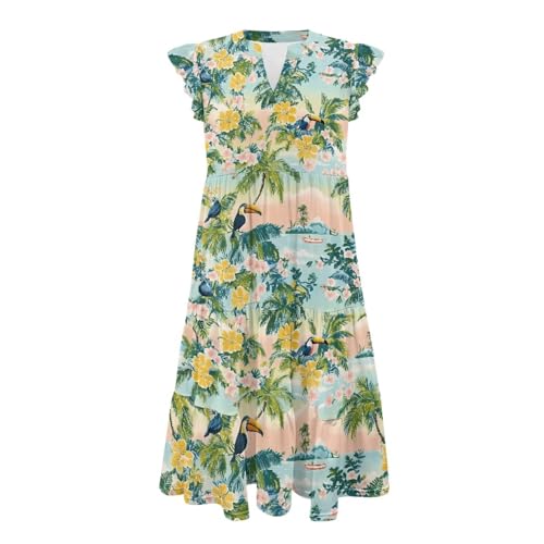 Image of Womens Summer Dress Ruffle Sleeve V Neck Dress Casual Fit Flowy Beach Vacation Sundress with Pocket S-2XL