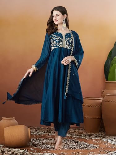 Image of MOKOSH Women's Silk Anarkali Kurta Pant with Dupatta | Anarkali Kurta Set | Embroidered | Ethnic Wear | Notch Neck Full Sleeve