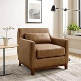 VANOMi Extra Deep Accent Chair, Comfy Fabric Armchair with Wood Base, Upholstered Single Sofa Chair for Living Room & Bedroom, Faux Leather Brown
