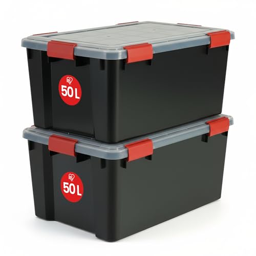 Iris Ohyama Luftdichte Kunststoff-Aufbewahrungsboxen mit Deckel, 50L, 2er-Set, Schwarz, Hermetischer wasserdichter Verschluss, Robuste Schnappverschlüsse, Stapelbar, Staubschutz, BPA-frei, AT-L