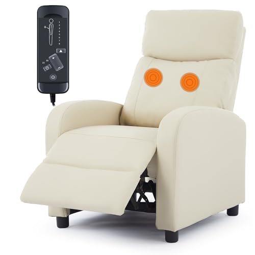 La Mejor Lista de Reposet Reclinable - solo los mejores. 48 Korser Sillón Reclinable Push Back con Masaje y Calefacción, Sofá Tipo Cine con Soporte Lumbar y Reposapiés Retráctil, Silla Individual de Piel Sintética para Sala, Beige