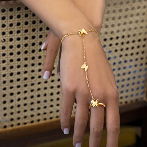 Gold Bracelets for Women, 18K Gold Plated Hand Chain, Cubic Zirconia Stainless Steel Non Tarnish Hand Chain Bracelet with Finger Ring, Adjustable Trendy Jewelry Valentines Day Gifts for Women2