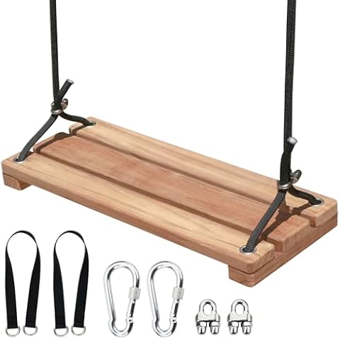 SINOKF Teak Wooden Swing, Outdoor Wood Tree Swing Seat for Kids or Adults for Backyard Columpio, Height Adjustable Cover