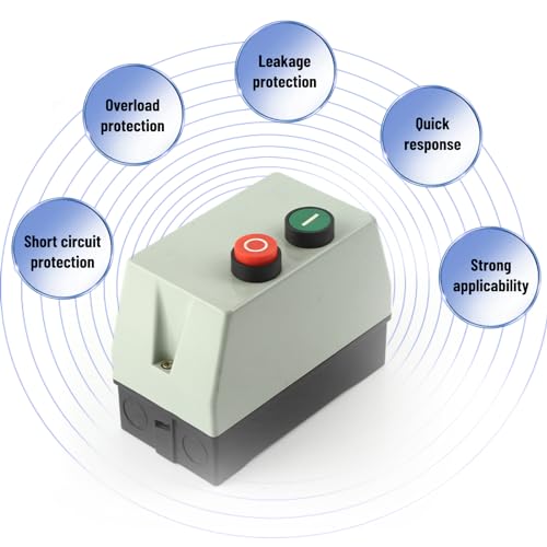 Diagram illustrating motor starter protection features: Overload protection, Leakage protection, Quick response, Strong applicability, Short circuit protection, arranged in a circular graphic.