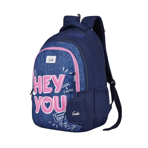 Image of Genie You Backpack for Women, 19 inch Bags for Girls, Water Resistant and Lightweight, 3 Compartment Bag with Happy Pouch, 36 Liters, Nylon Twill, Navy Blue