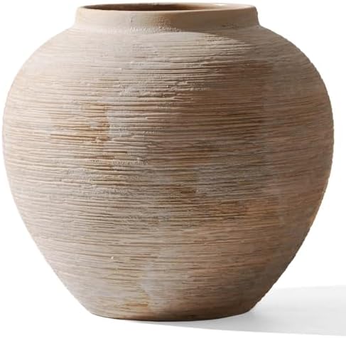 Large Rustic Ribbed Vase Home Decor - 8.8 in Ceramic Vintage Farm...