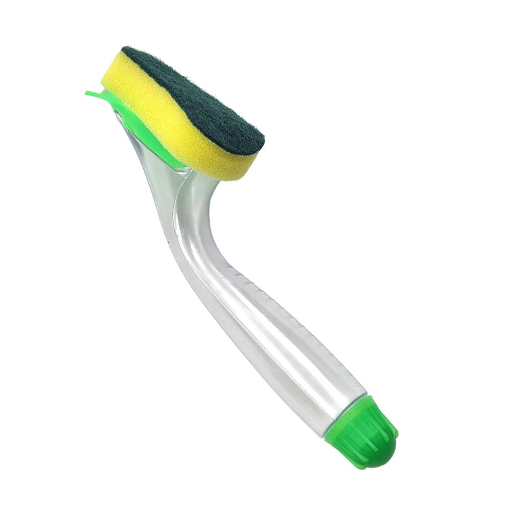 Soap Dispensing Washing Up Scrubber - Dish Brush with Built-In Liquid Dispenser & Scouring Sponge - 24cm Kitchen Cleaning Tool