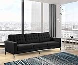 Iconic Home Draper Sofa Three Seat Linen Upholstered Button Tufted Square Arm Silvertone Metal Legs...