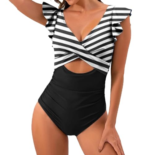 Trajes De Baño Mujer, Traje De Piscina Mujer Cuello en V Con Tirantes Ajustables Sujetador Push Up Acolchado Elegante Control Del Vientre Trajes De Baño Mujer Playa Verano Beachwear, Negro , M
