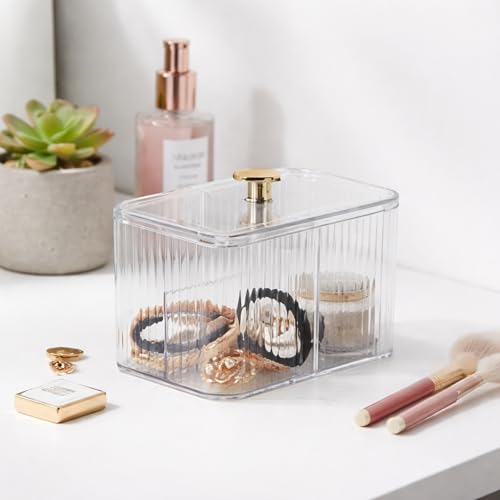 Image of KiZY Cotton Swab Holders, Acrylic Cotton Pad Holder, Qtip Holder with Lid, for Bathroom Canister Storage Organization, Vanity Cosmetic Makeup Organizer (Transparent, B)