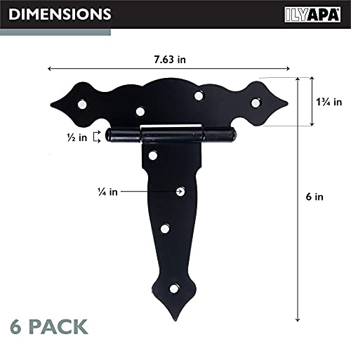 Ilyapa Metal Gate Hinges, 6 Pack - Heavy Duty 6 Inch Decorative Outdoor T Strap Hinges For Barn Door, Shed Or Wooden Fences #TOP5