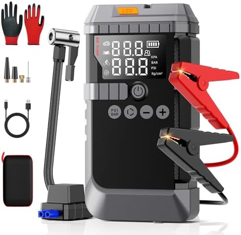 Car Jump Starter with Air Compressor, 6000A 160PSI Car Booster Pack(All Gas/12L Diesel), Battery Power Pack with Jump Cables, Tire Pressure Monitoring, 800Lumen Lights, Gloves