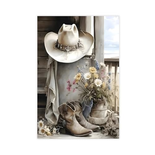 Cowboy Hat, Boots & Wildflowers Vintage Abstract Canvas Wall Art