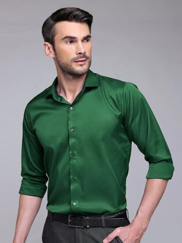 Image of IndoPrimo Men's Satin Shirt with Spread Collar Neck Line Solid Pattern Full Sleeves Regular Fit Western Style and Standard Length