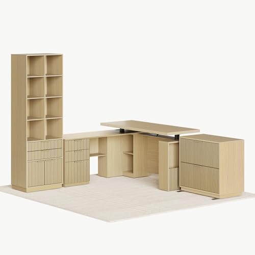 Perledesign Home Office Furniture Set, 63'' Electric Standing Desk with 73'' Bookshelf and 2 Drawer Lateral File Cabinet, Office Furniture Desk Sets, Fluted Light Walnut