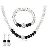 MJartoria Womens Black and White Faux Pearls Necklace Earrings Bracelet Wedding Jewelry Sets Costume...