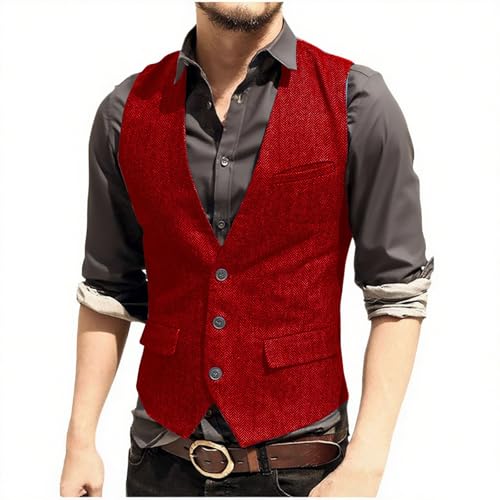 Men's Western Vest Vintage Classic Herringbone Work Suit Vests Halloween Cosplay Retro Tweed Slim Fit Prom Waistcoats