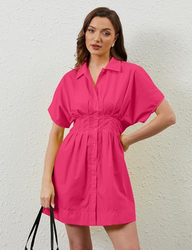 Image of calbatic Women Button Down Pleated Shirt Dress Striped Short Sleeve Summer Casual Business Flowy Mini Short Dress Rose Red
