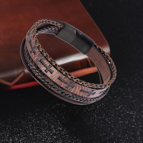 Cross Bracelet for Men,Black/Brown Multi-Layer Leather Cross Bracelet with Stainless Steel Buckle Religious Wristband Christian Jewelry 21 cm 8.26 inches2