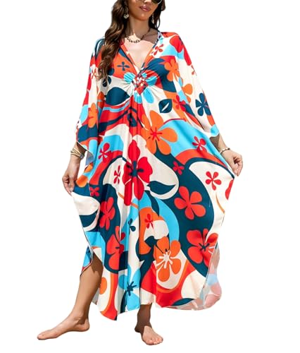Image of IMAGEKOPE Women's Plus Size Animal Print V-Neck Batwing Kaftan Beach Dress Bathing Suit Cover-Up Loungewear