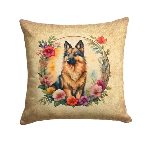 Caroline's Treasures DAC2092PW1818 Belgian Tervuren and Flowers Fabric Decorative Pillow Machine Washable, Indoor Outdoor Decorative Pillow for Couch, Bed or Patio, 18Hx18W