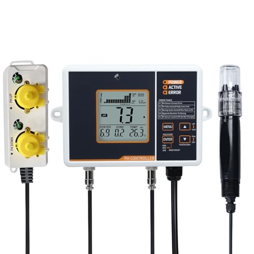 pH Controller pH Monitor with Dual Relay Sockets &amp; Dosing Pump, Digital pH Meter with Control pH Up and Down, pH &amp; Temp Chart Trend Display, Auto Temperature Compensation for Hydroponics, Aquarium