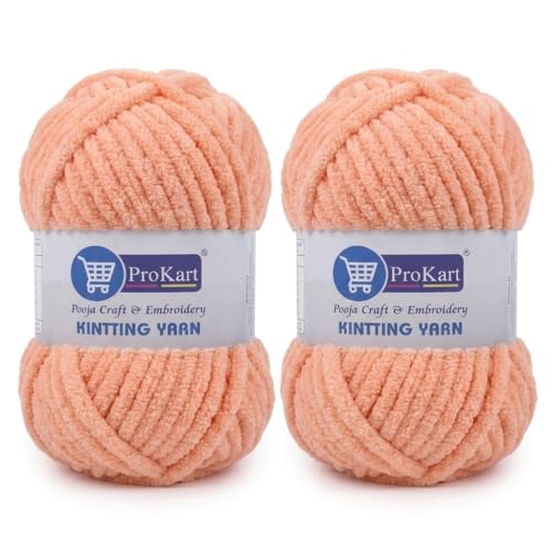 Image of ProKart Premium Blankie Wool, Plush & Cuddly, Chenille Yarn Supersoft Hand Knitting Wool Ball | Blanket Thick /Mottu Yarn Ball Suitable for Hand Knitting and Crocheting for Baby, Adult, Sweaters, caps, Throws, Home Furnishing, Scarves, Blankets (Peach, 100gms x 2 Pack)