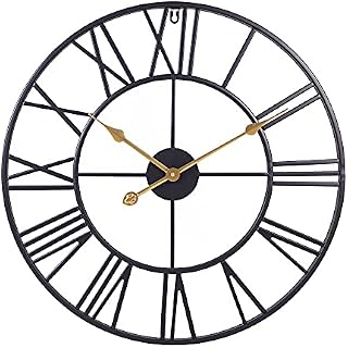 Abaseen Large Wall Clocks for Living Room Modern Decorative, Skeleton Clock Roman 3D Clear Numbers Easy to Read Round Analogue Wall Clock Battery Operated (Black Metal with Golden Needles 60cm)
