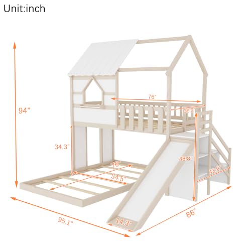 Image of Bellemave Bunk beds Twin Over Full with Slide,Storage Staircase,House roof Design,Low bunk /loft Bed for Kids,Beige