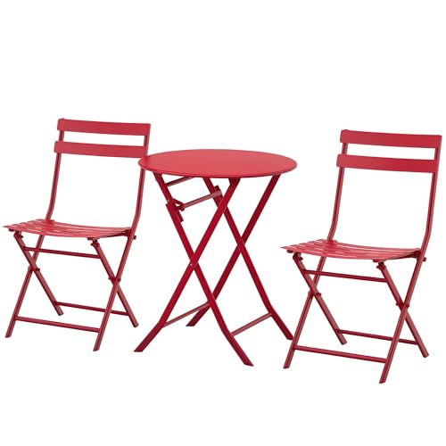 Outsunny Bistro - Mesa redonda de 60 cm de diámetro con 2 sillas plegables, metal termolacado rojo