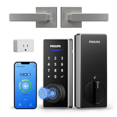 Philips WiFi Smart Lock with Handle, Fingerprint Keyless Entry Door Lock with WiFi Bridge, Smart Locks for Front Door with Handle Set, APP Remote Control, Work with Alexa&Google Assistant, Auto-Lock