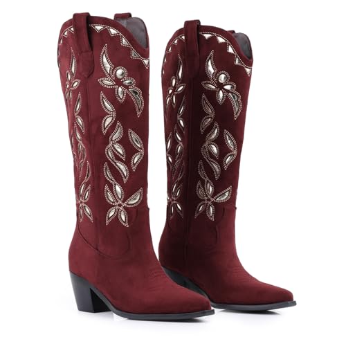 Image of LingxiaUne Cowboy Boots for Women Floral Cowgirl Boots with Pointed Toe and Chunky Heel Mid Calf Western Boot for Concert Festival Country Night Party