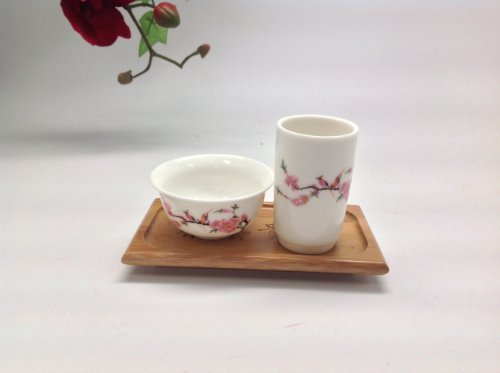 2 Set Of Chinese Tea Tasting Cup 2Pcs Bird Flowers With Bamboo Coaster #TOP4