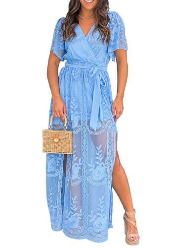Image of LRTSES Womens Wrap V Neck Floral Embroidered Lace Maxi Dress Short Sleeve Belted Bridesmaid Wedding Guest Dress Light Blue