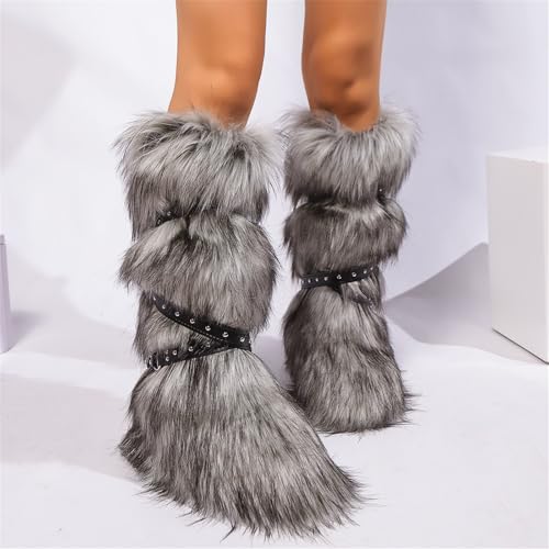Faux Fur Boots for Women Long Furry Knee High Boots Comfy Warm Plush Snow Boots Winter Fuzzy Outdoor Boots Fluffy Indoor Flat Shoes