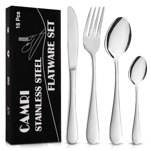 CAMRI Cutlery Set – 16 Piece Flatware Set Stainless Steel, Silverware Tableware Set, Knife Fork Spoon Set for 4 People, Dishwasher Safe/Easy to Clean (Mirror Polished)
